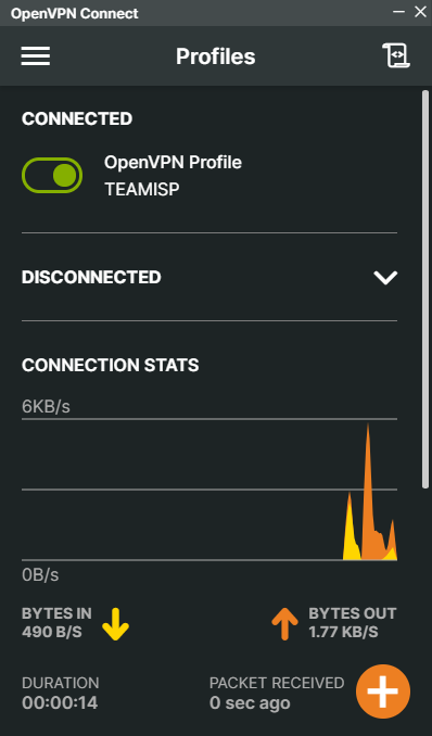 En dice CONNECTED. Y una grafica donde se visualiza el trafico